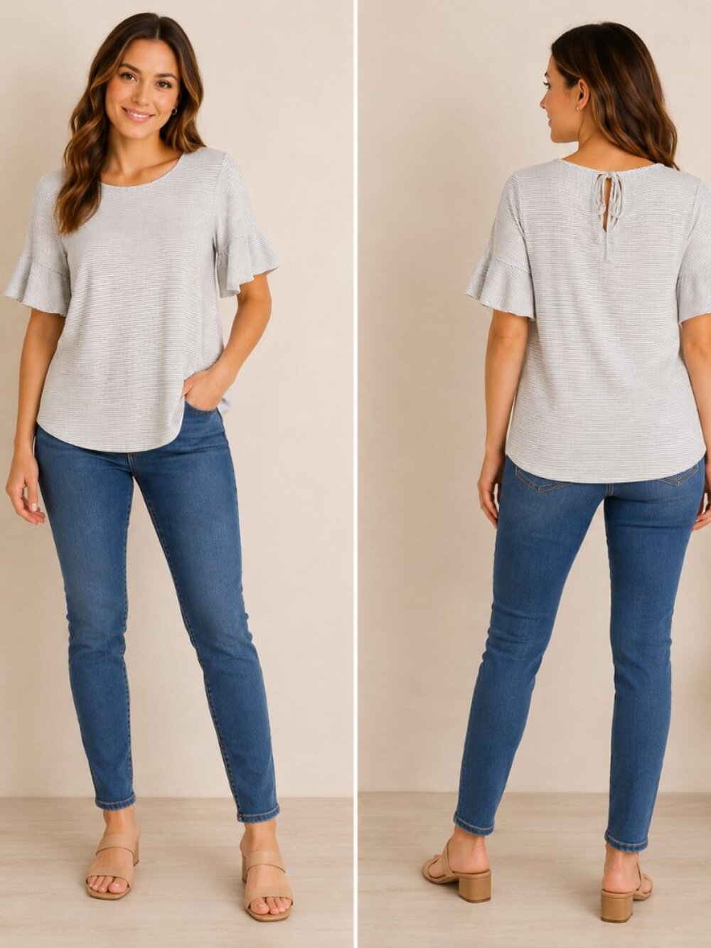 LC Lauren Conrad Striped Top M White Black Flare Sleeve Blouse Nautical